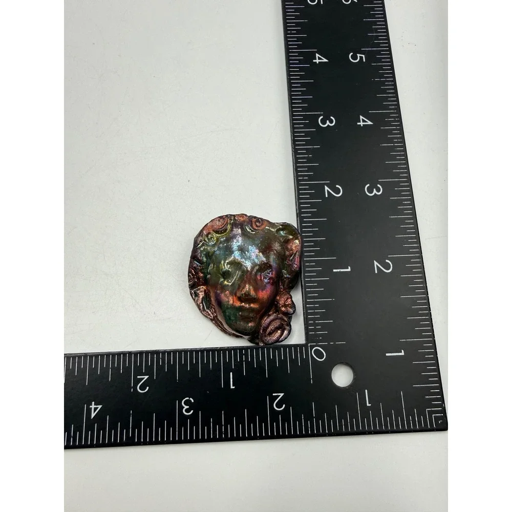 Artisan Iridescent Raku Ceramic Face Brooch Metallic Oil Slick Glaze Pin